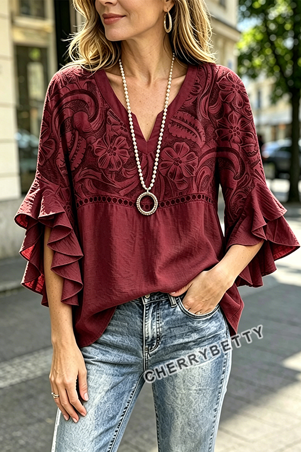 Vintage Floral Print Hollow Out Ruffle Sleeve Top