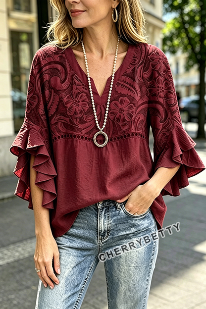 Vintage Floral Print Hollow Out Ruffle Sleeve Top