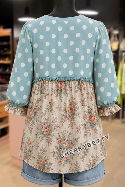 Mixed Polka Dot Floral Print Notch Neck Puff Sleeve Top