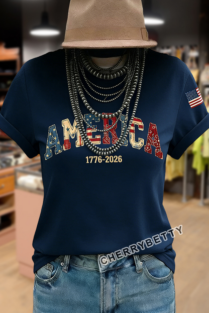Retro AMERICA Flag Print Cotton T-Shirt