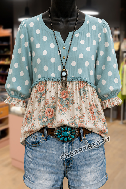 Mixed Polka Dot Floral Print Notch Neck Puff Sleeve Top