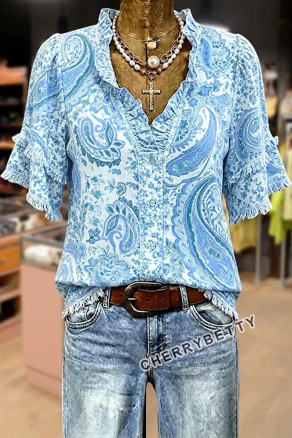 Retro Paisley Print Ruffle Neck Frayed Hem Top