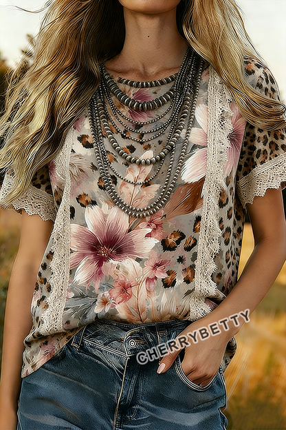 Mixed Leopard Floral Print   Lace Patch T-Shirt