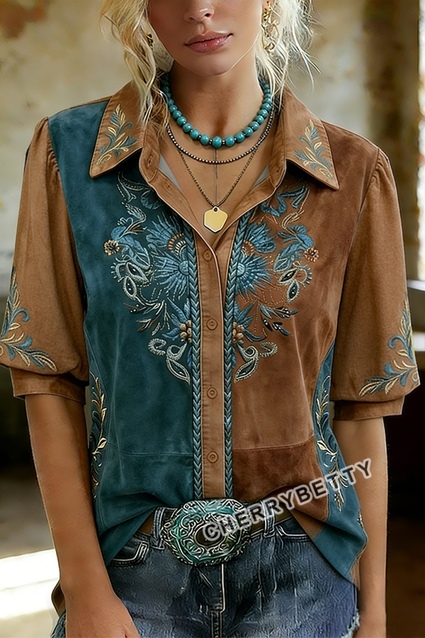 Retro Flower Embroidered Collared Contrast Top
