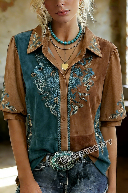 Retro Flower Embroidered Collared Contrast Top