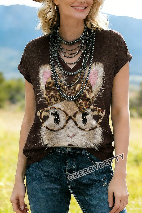 Easter Bunny Print V-Neck Cotton T-Shirt