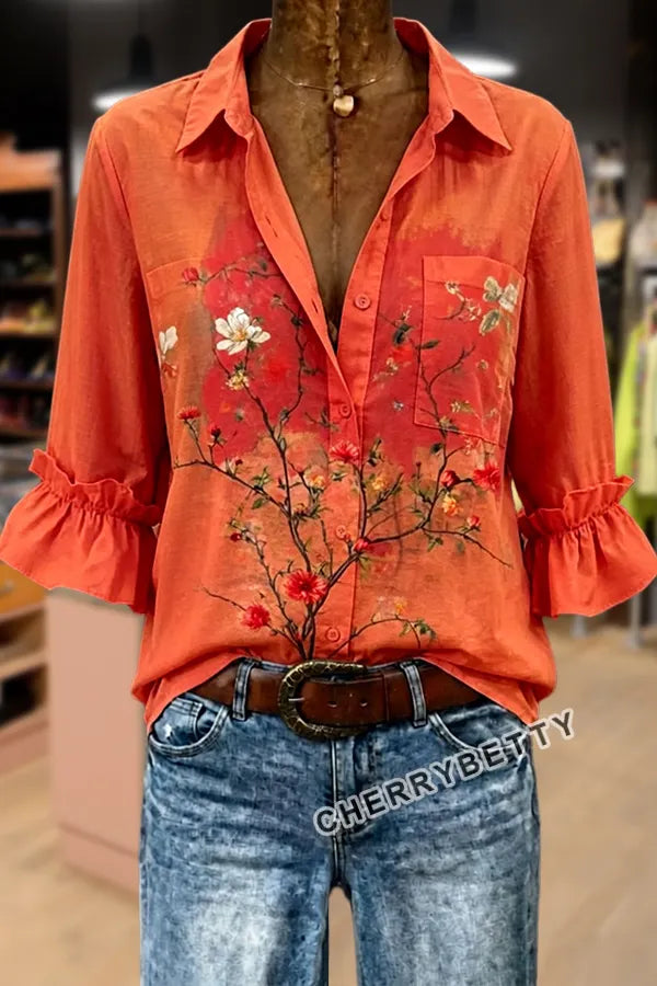 Vintage Floral Print Ruffle Sleeve Three Quater Sleeve Top