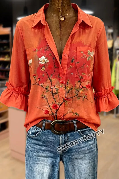 Vintage Floral Print Ruffle Sleeve Three Quater Sleeve Top