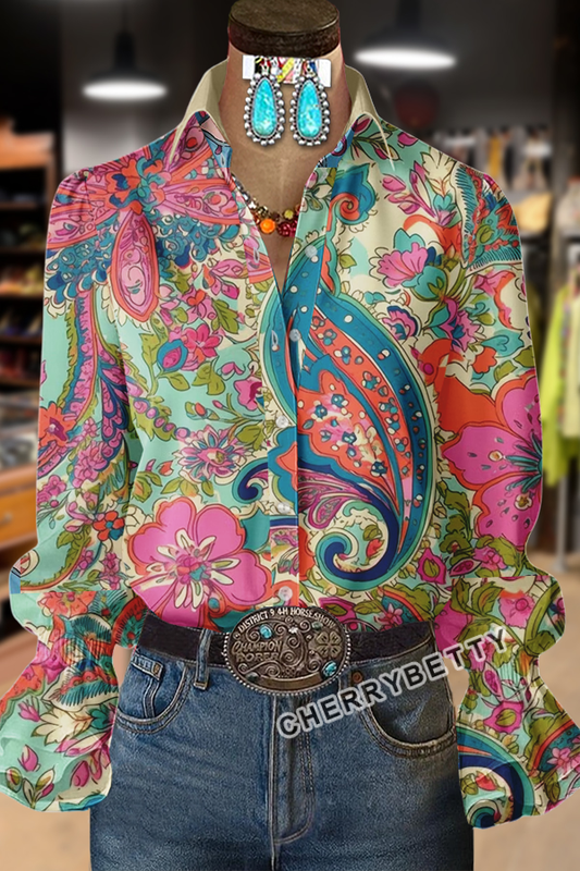 Colorful Floral Paisley Print Collard Bell Sleeves Blouse