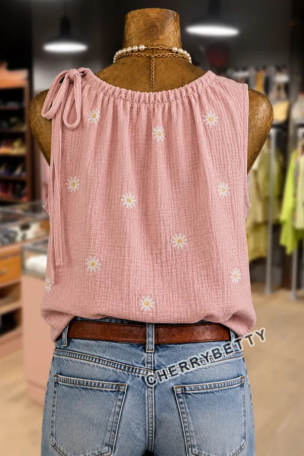 Sweet Daisy Embroidered Drawstring Tied Neck Gauze Tank Top