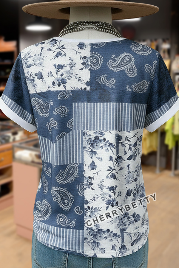 Retro Mixed Floral Patch Round Neck T-Shirt