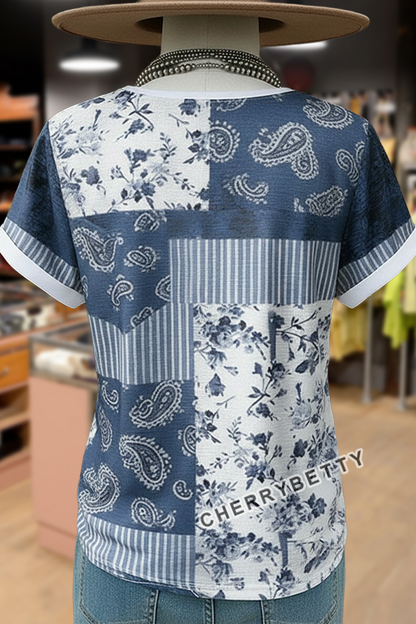 Retro Mixed Floral Patch Round Neck T-Shirt