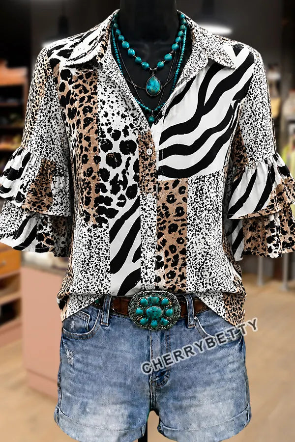 Vintage Mixed Animal Print Layered Ruffle Sleeve Top