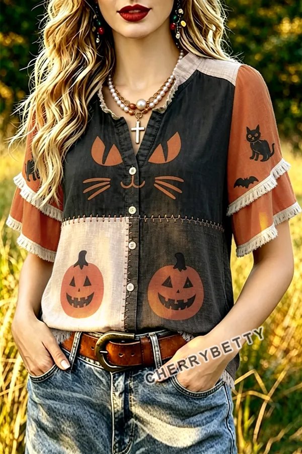 Funny Halloween Print Ruffle Neck Frayed Hem Top