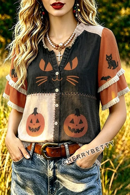 Funny Halloween Print Ruffle Neck Frayed Hem Top