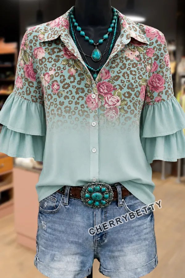 Gradient Leopard Floral Print Ruffle Sleeve Top