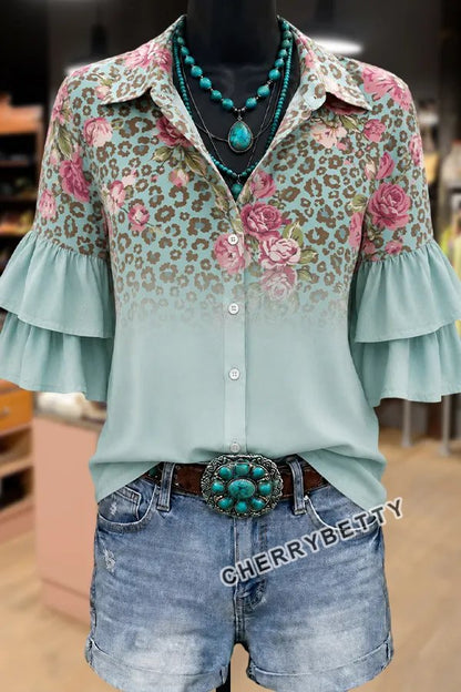 Gradient Leopard Floral Print Ruffle Sleeve Top