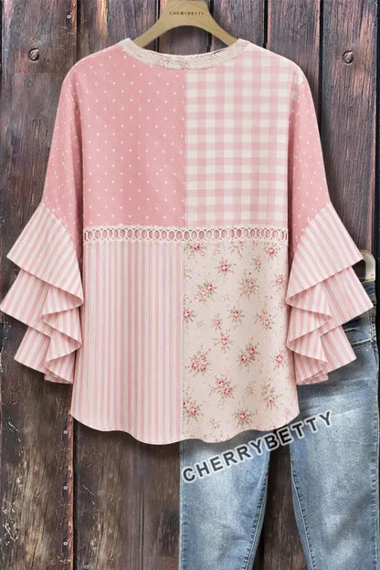 Mixed Floral Gingham Print Ruffle Sleeve Hollow Out Top