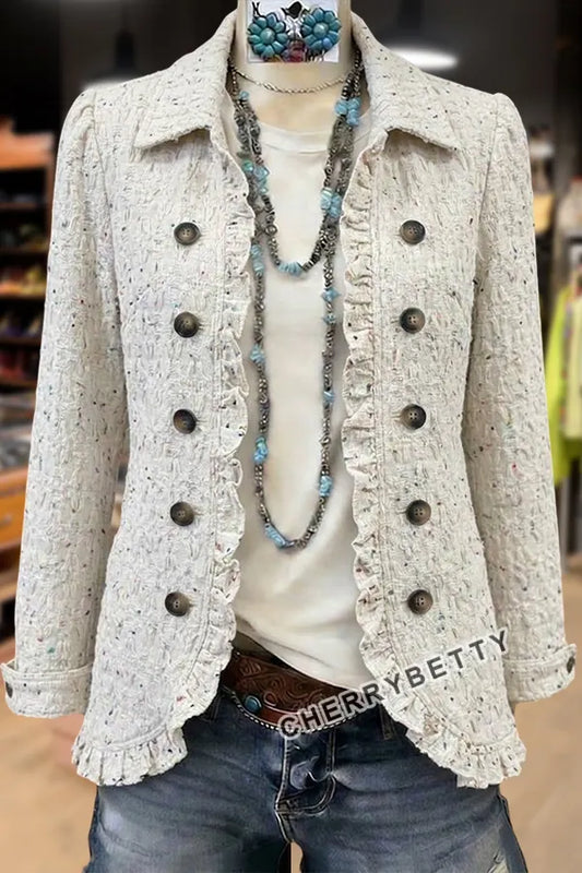 Western Speckled Tweed Ruffle Trim Double Breasted Jacket