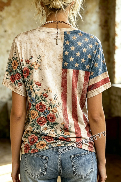 Retro Flower Print V-Neck Independence Day T-Shirt