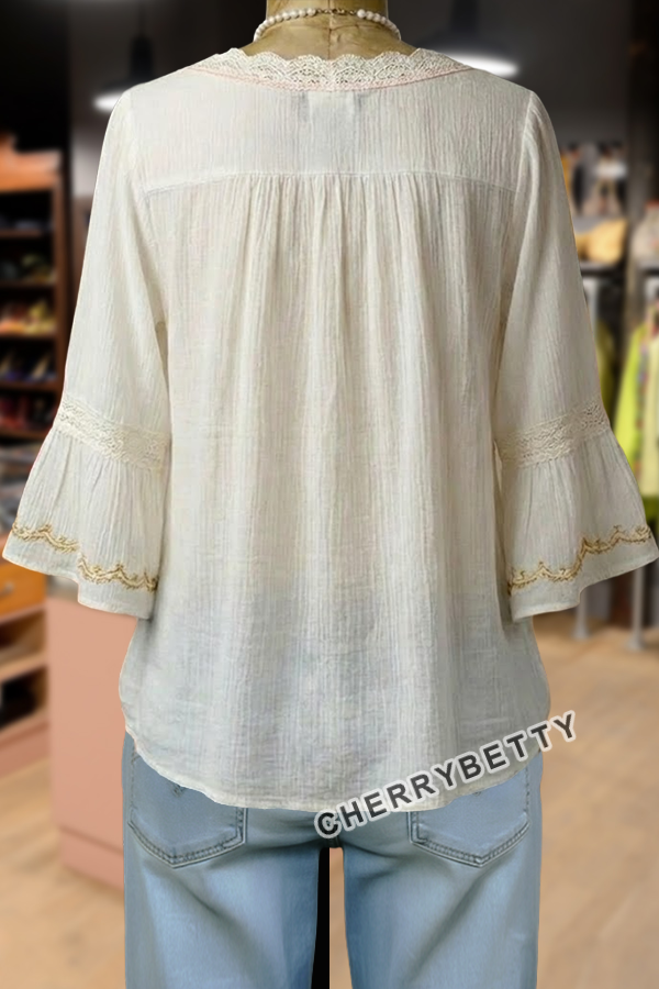 Boho Flower Embroidered Lace V-Neck Top