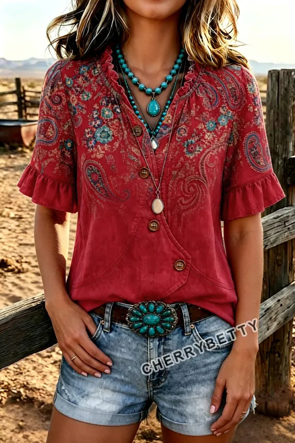 Gradient Paisley Print V-Neck Ruffle Sleeve Blouse