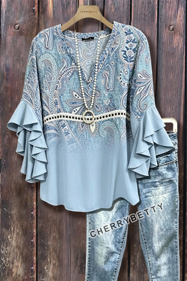 Gradient Paisley Print Ruffle Sleeve Hollow Out Top