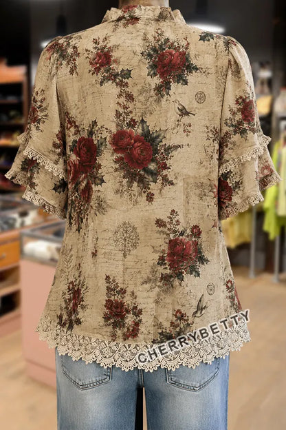 Vintage Floral Print Ruffle Sleeve Lace Patch Top
