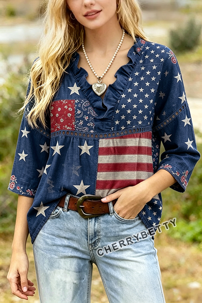 American Flag Print V-Neck Hollow Out Top
