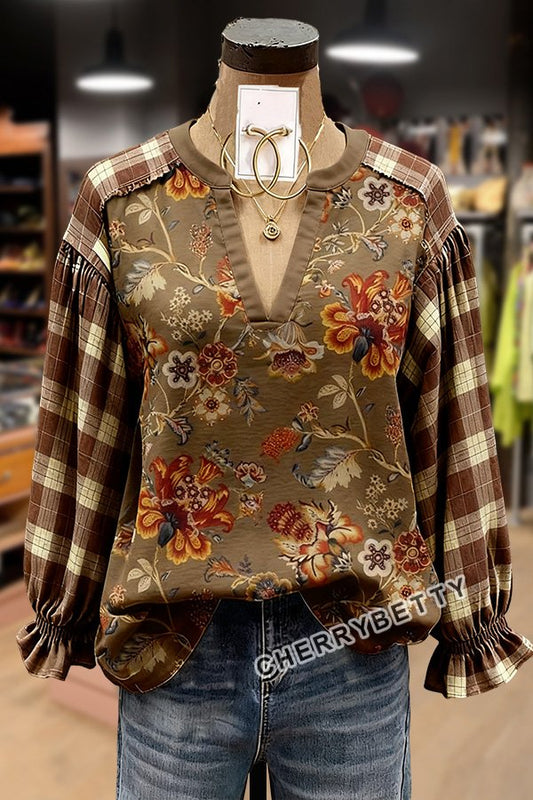Vintage Floral Print Notch Neck Plaid Long Sleeve Top