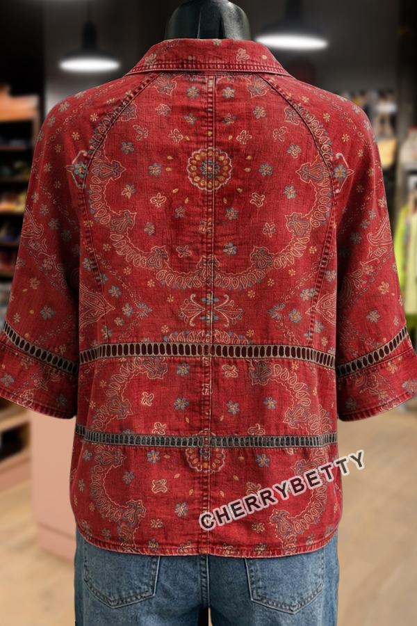 Vintage Floral Print Hollow Out Collared Top