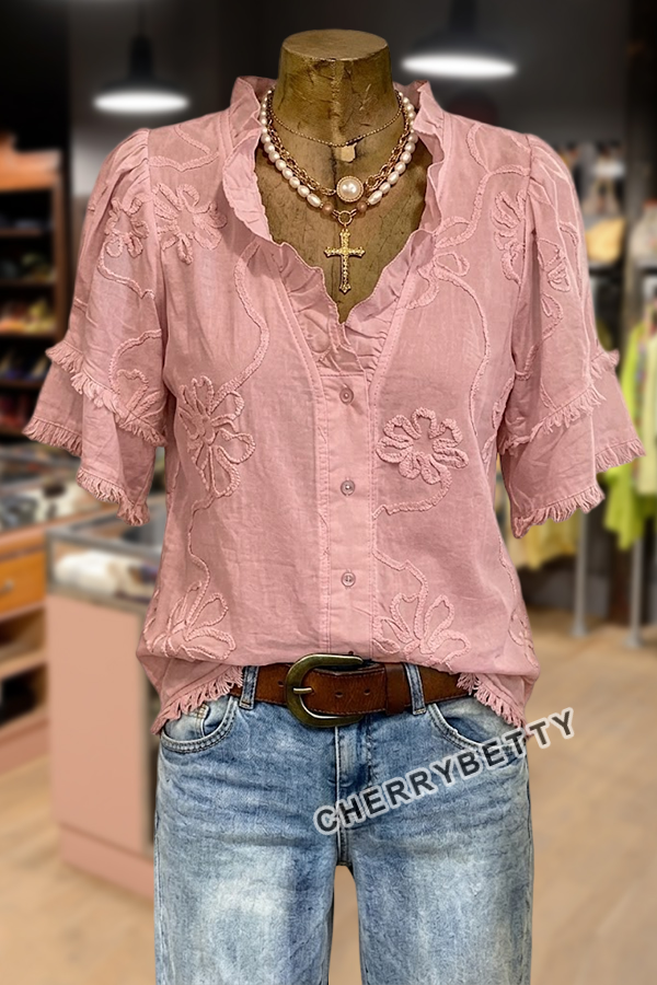 Vintage Flower Embroidered Ruffle Neck Frayed Hem Top