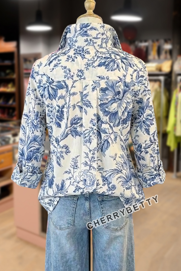 Vintage Floral Print Striped Neck Three Quater Sleeve Blouse