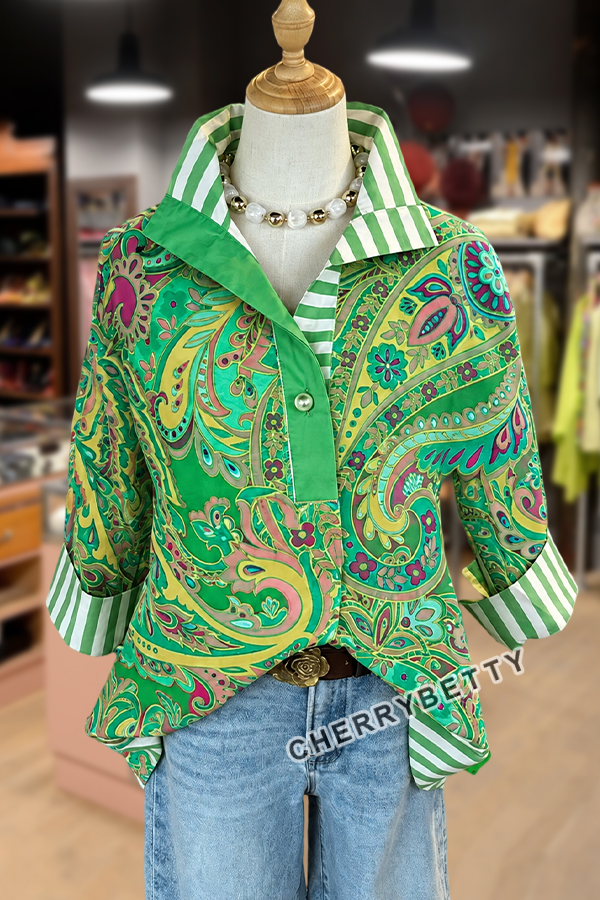 Retro Paisley Print Striped Collar Three Quater Sleeve Blouse