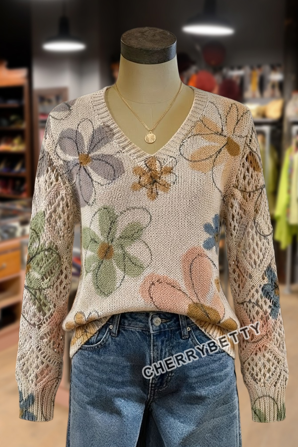 Boho Floral Print V-Neck Long Sleeve Sweater