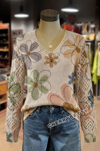 Boho Floral Print V-Neck Long Sleeve Sweater