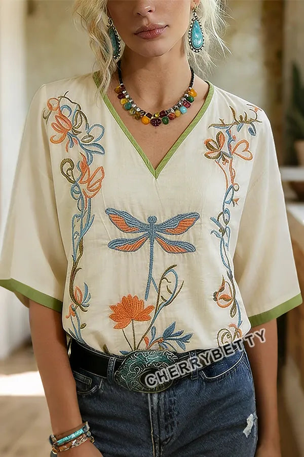 Retro Floral Embroidered V-Neck Short Sleeve Top