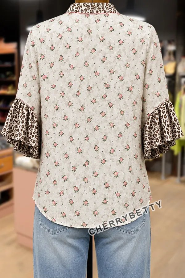 Mixed Floral Print Ruffle Neck  Ruffle Sleeve Cotton Top