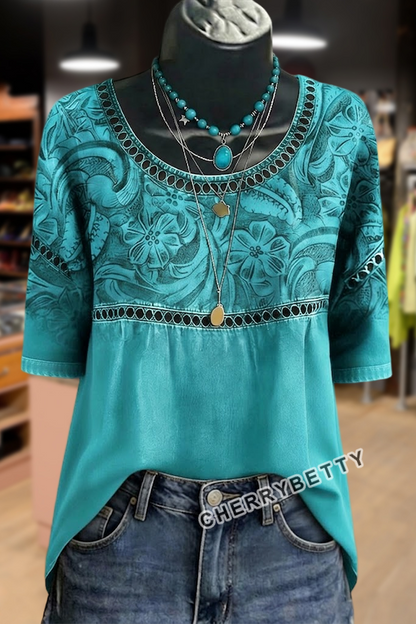 Retro Floral Print Hollow Out Top