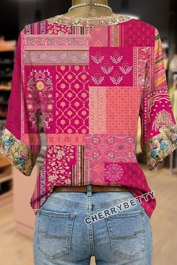 Mixed Floral Print V-Neck Blouse