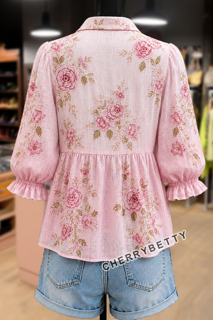 Gradient Boho Floral Print Ruffle V-Neck Puff Sleeve Top