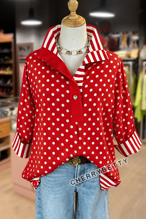 Mixed Polka Dot Print Striped Collar Three Quater Sleeve Blouse