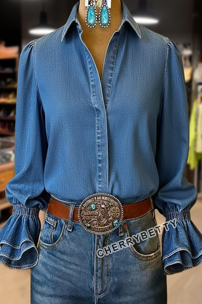 Solid Flared Cuffs Denim Blouse
