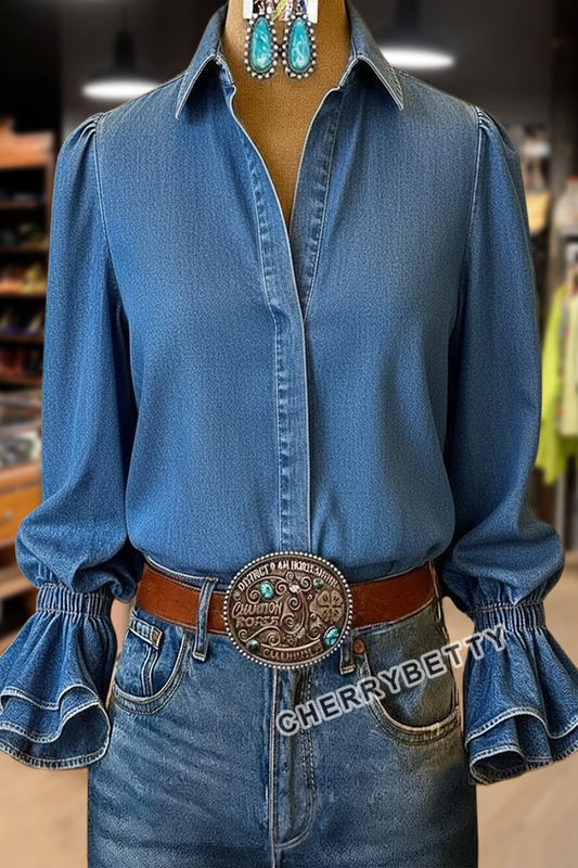 Solid Flared Cuffs Denim Blouse