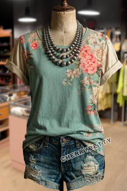 Vintage Contrast Floral Print T-Shirt