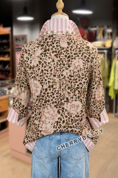 Chic Leopard Floral Print Striped Collar Blouse