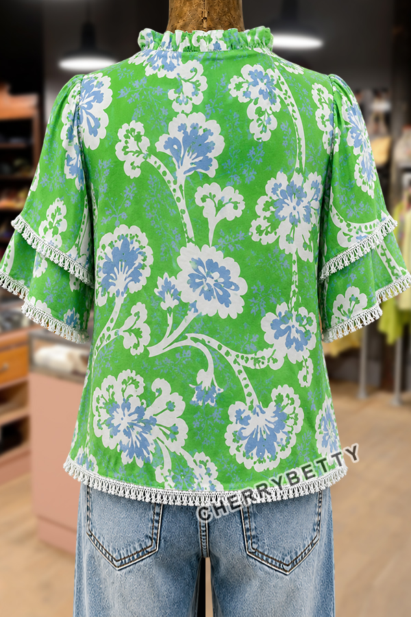 Retro Floral Print Ruffle Neck Frayed Hem Top