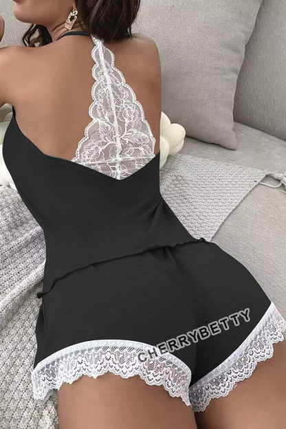 Casual Lace Patch Backless Cami Top And Shorts Set Pajams Set Sleepwear