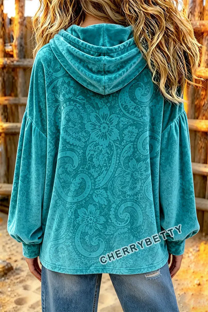 Vintage Western Floral Print Velvet Hoodie Top