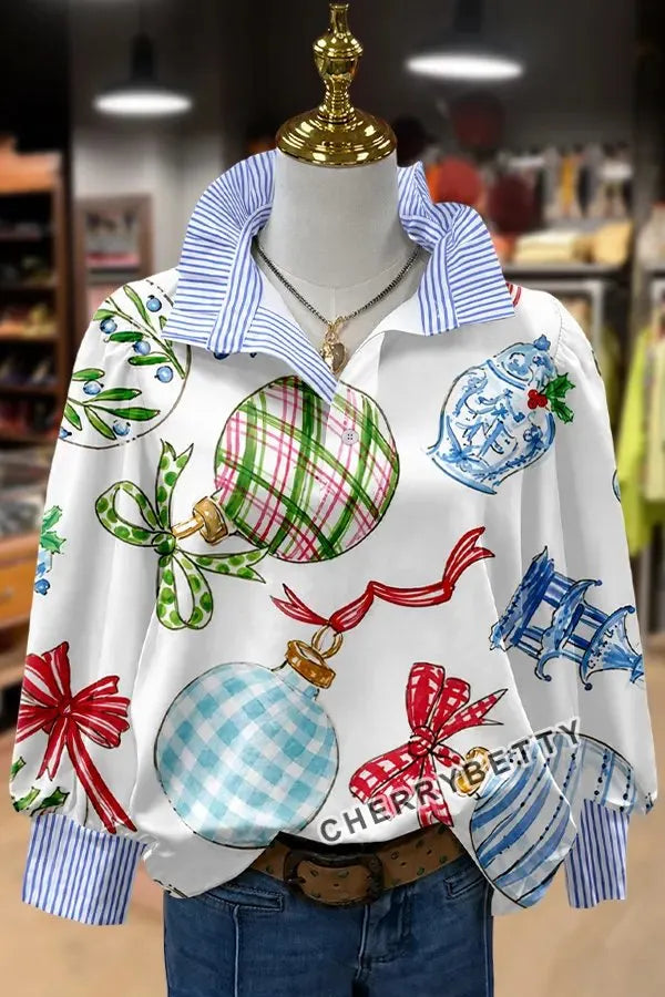 Christmas Ornaments Print Striped Collar Top